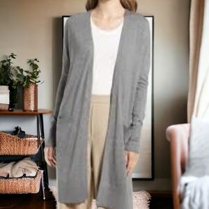 HALOGEN- grey cashmere blend lightweight open front longline cardigan w/pockets